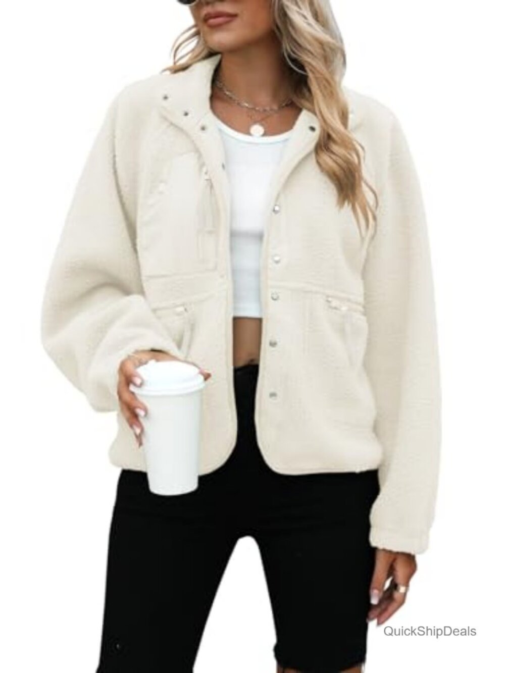 Women's Fuzzy Sherpa Fleece Button Down Jacket